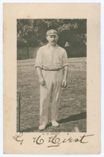 George Herbert Hirst. Yorkshire & England 1891-1929. Early sepia postcard of Hirst standing full length at the wicket, ball in hand, wearing Yorkshire cap. Nicely signed in black ink &lsquo;G.H. Hirst&rsquo; to the lower border. Wrench series 1391. Postally unused. S