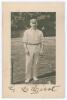 George Herbert Hirst. Yorkshire & England 1891-1929. Early sepia postcard of Hirst standing full length at the wicket, ball in hand, wearing Yorkshire cap. Nicely signed in black ink &lsquo;G.H. Hirst&rsquo; to the lower border. Wrench series 1391. Postally unused. S