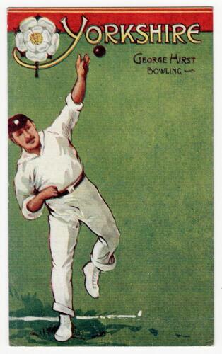 &lsquo;George Hirst Bowling&rsquo;. Early colour postcard with an illustration of Hirst depicted in bowling pose on a green background, with decorative &lsquo;Yorkshire&rsquo; title and emblem to side. Dainty series. Postally unused. Good condition. Rare.
