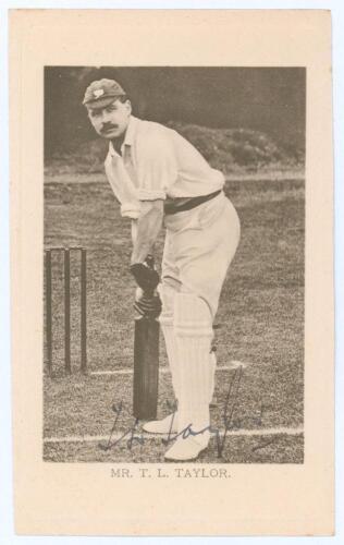 Tom Launcelot Taylor. Yorkshire 1899-1906. Early sepia postcard of Taylor full length in batting pose at the crease wearing Yorkshire cap. Nicely signed in black ink &lsquo;T.L. Taylor&rsquo; to the image. Wrench series 2944. Postally unused. Very good condition.