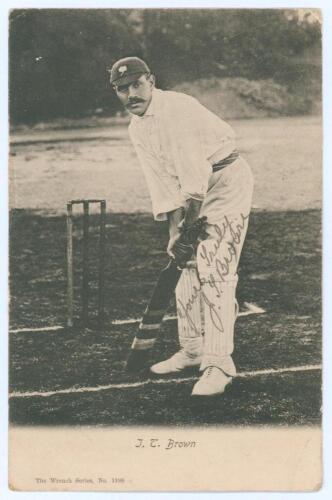 John Thomas &lsquo;Jack&rsquo; Brown. Yorkshire & England 1889-1904. Early mono postcard of Brown standing full length at the crease in batting pose, wearing Yorkshire cap. Nicely signed in black ink &lsquo;Yours truly, J.T. Brown&rsquo; to the image. Wrench series 1386. Postmar