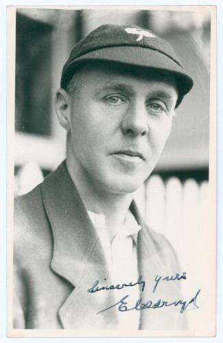 Edgar Oldroyd. Yorkshire 1910-1931. Mono real photograph plain back postcard of Oldroyd, head and shoulders wearing cricket attire, Yorkshire cap and blazer. Nicely signed in ink to the photograph &lsquo;Sincerely yours, E. Oldroyd&rsquo;. Official stamp to verso for
