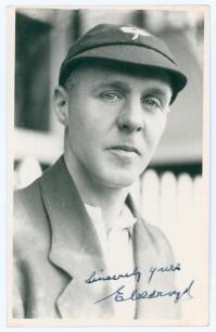 Edgar Oldroyd. Yorkshire 1910-1931. Mono real photograph plain back postcard of Oldroyd, head and shoulders wearing cricket attire, Yorkshire cap and blazer. Nicely signed in ink to the photograph &lsquo;Sincerely yours, E. Oldroyd&rsquo;. Official stamp to verso for