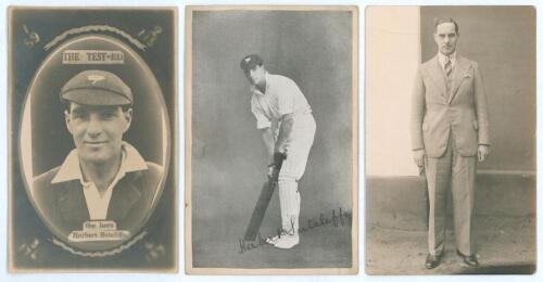 Herbert Sutcliffe. Yorkshire & England 1919-1945. Three postcards of Sutcliffe. One, a sepia real photograph postcard, is a head and shoulders image of Sutcliffe in Yorkshire cap, set in a cameo frame with titles superimposed, &lsquo;The Test-Ed, the hero Herbe