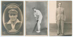 Herbert Sutcliffe. Yorkshire & England 1919-1945. Three postcards of Sutcliffe. One, a sepia real photograph postcard, is a head and shoulders image of Sutcliffe in Yorkshire cap, set in a cameo frame with titles superimposed, &lsquo;The Test-Ed, the hero Herbe