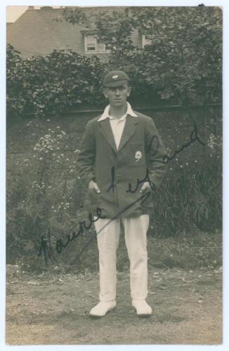 Maurice Leyland. Yorkshire, Patiala & England 1920-1946. Sepia real photograph postcard of Leyland standing full length wearing cricket attire and Yorkshire cap and blazer. Nicely signed in ink to the photograph by Leyland. Blind embossed stamp to lower l