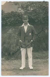 Maurice Leyland. Yorkshire, Patiala & England 1920-1946. Sepia real photograph postcard of Leyland standing full length wearing cricket attire and Yorkshire cap and blazer. Nicely signed in ink to the photograph by Leyland. Blind embossed stamp to lower l