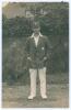 Maurice Leyland. Yorkshire, Patiala & England 1920-1946. Sepia real photograph postcard of Leyland standing full length wearing cricket attire and Yorkshire cap and blazer. Nicely signed in ink to the photograph by Leyland. Blind embossed stamp to lower l