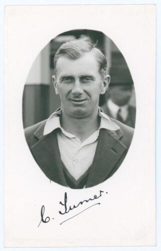 Cyril Turner. Yorkshire 1925-1946. Mono real photograph postcard of Turner in cameo, head and shoulders wearing cricket attire and blazer. Very nicely signed in black ink to the lower border by Turner. Official stamp to verso for A. Wilkes & Son, West Bro