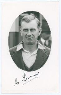 Cyril Turner. Yorkshire 1925-1946. Mono real photograph postcard of Turner in cameo, head and shoulders wearing cricket attire and blazer. Very nicely signed in black ink to the lower border by Turner. Official stamp to verso for A. Wilkes & Son, West Bro