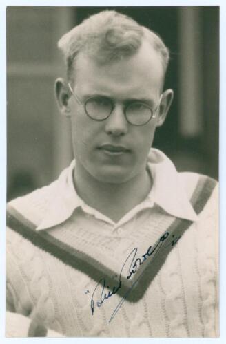 William Eric &lsquo;Bill&rsquo; Bowes. Yorkshire & England 1929-1947. Mono real photograph plain back postcard of Bowes, head and shoulders wearing cricket attire. Nicely signed in black ink to the photograph &lsquo;&rdquo;Bill&rdquo; Bowes&rsquo;. Official stamps to verso for A. Wilkes & S