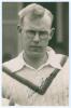 William Eric &lsquo;Bill&rsquo; Bowes. Yorkshire & England 1929-1947. Mono real photograph plain back postcard of Bowes, head and shoulders wearing cricket attire. Nicely signed in black ink to the photograph &lsquo;&rdquo;Bill&rdquo; Bowes&rsquo;. Official stamps to verso for A. Wilkes & S