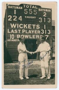 Yorkshire. Record opening stand. Herbert Sutcliffe and Percy Holmes. Yorkshire and England 1932. Mono real photograph postcard of the scoreboard at Leyton in 1932 showing the Yorkshire record 1st wicket stand of 555 and Hutton and Holmes stood beneath sha