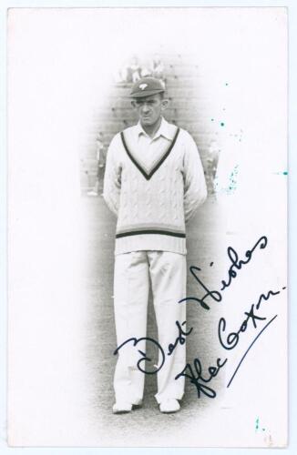 Alexander &lsquo;Alec&rsquo; Coxon. Yorkshire & England 1945-1950. Mono real photograph postcard of Coxon in cameo, standing full length wearing cricket attire and Yorkshire cap. Nicely signed to the photograph in black ink &lsquo;Best wishes, Alec Coxon&rsquo;. Official stamp t