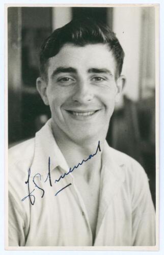 Frederick Sewards &lsquo;Fred&rsquo; Trueman. Yorkshire & England 1949-1968. Mono real photograph plain back postcard of a very youthful Trueman, head and shoulders wearing cricket attire. Nicely signed in ink to the photograph by Trueman. Official stamp to verso for