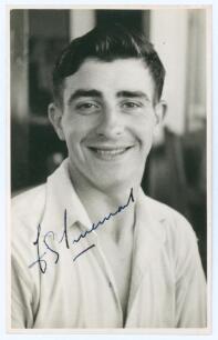 Frederick Sewards &lsquo;Fred&rsquo; Trueman. Yorkshire & England 1949-1968. Mono real photograph plain back postcard of a very youthful Trueman, head and shoulders wearing cricket attire. Nicely signed in ink to the photograph by Trueman. Official stamp to verso for