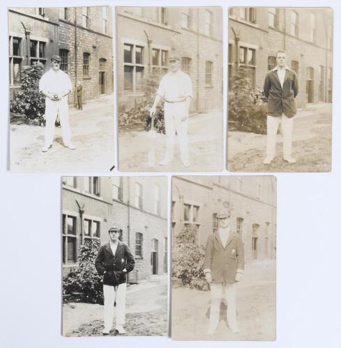 Yorkshire C.C.C. player postcards early c.1920. Five early mono/ sepia real photograph postcards of Yorkshire players, each depicted standing full length in cricket attire and Yorkshire cap and/ or blazer, possibly at the rear of the Bramall Lane pavilion