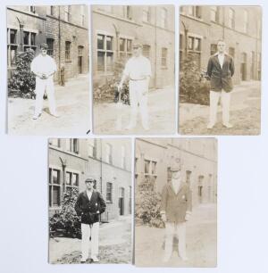 Yorkshire C.C.C. player postcards early c.1920. Five early mono/ sepia real photograph postcards of Yorkshire players, each depicted standing full length in cricket attire and Yorkshire cap and/ or blazer, possibly at the rear of the Bramall Lane pavilion