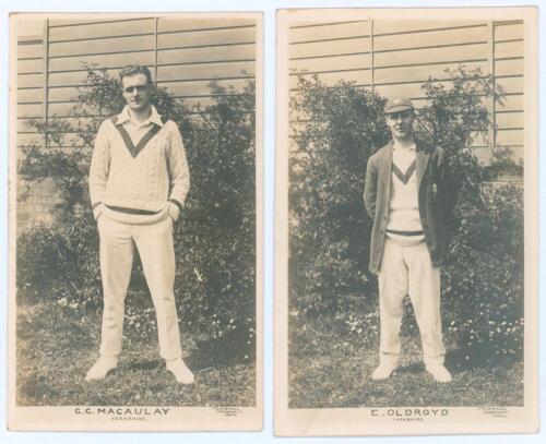 Yorkshire player postcards early 1920s. Two rarer sepia real photograph postcards of Yorkshire players, each depicted standing full length. One of George Macaulay (Yorkshire & England 1920-1935) in cricket attire, the other of Edgar Oldroyd (Yorkshire 191