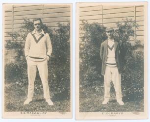 Yorkshire player postcards early 1920s. Two rarer sepia real photograph postcards of Yorkshire players, each depicted standing full length. One of George Macaulay (Yorkshire & England 1920-1935) in cricket attire, the other of Edgar Oldroyd (Yorkshire 191