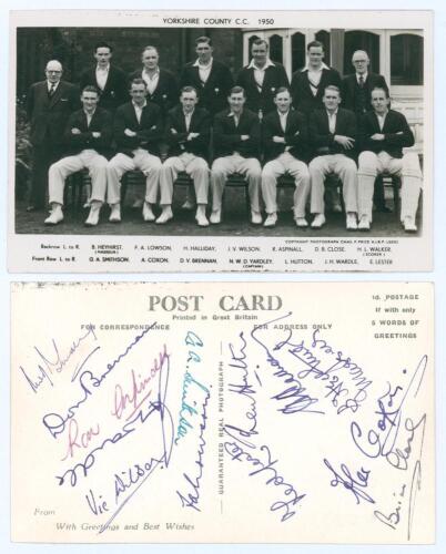 &lsquo;Yorkshire County C.C. 1950&rsquo;. Official mono real photograph postcard of the Yorkshire team seated and standing in rows wearing Yorkshire blazers. Printed title and players&rsquo; names to borders. Very nicely signed to the verso by all twelve featured players. 