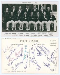 &lsquo;Yorkshire County C.C. 1950&rsquo;. Official mono real photograph postcard of the Yorkshire team seated and standing in rows wearing Yorkshire blazers. Printed title and players&rsquo; names to borders. Very nicely signed to the verso by all twelve featured players. 