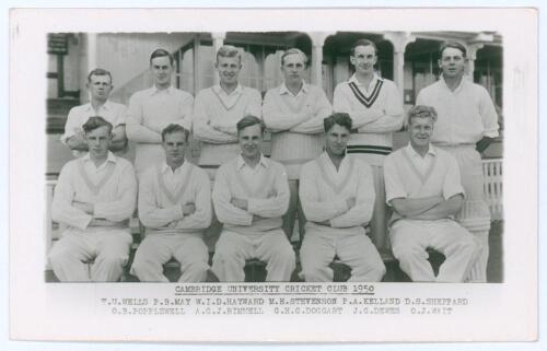 Cambridge University C.C. 1950. Mono real photograph plain back postcard of the Cambridge University team of 1950, the players seated and standing rows wearing cricket attire. Printed titles and players&rsquo; names to lower borders. Notable players featured in
