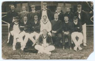 South Africa tour to England 1907. Mono real photograph postcard of the South African touring party seated and standing in rows wearing cricket attire, blazers etc. Printed title and players&rsquo; names to lower edge. Postcard by Scott of Manchester. Fully sig
