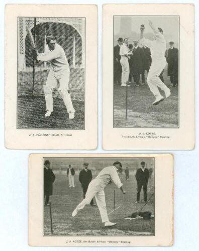 South Africa tour to England 1907. Three rare and early mono postcards of members of the 1907 South Africa touring party published by Gale & Polden of Portsmouth. One features Aubrey Faulkner batting in the nets with printed title to lower border &lsquo;J.A. [s