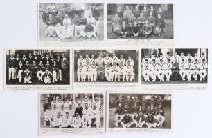 South Africa tours to England 1907-1947. Seven mono/ sepia postcards of South Africa touring teams, each with players seated and standing in rows. Includes five real photograph postcards for the tours of 1907, 1912, 1929, 1935 and 1947, and two mono print