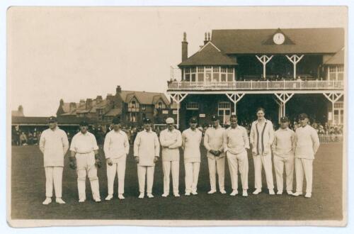South Africans v C.I. Thorntons XI 1924. Sepia real photograph postcard of the Thornton&rsquo;s team, lined up in front of the pavilion at Scarborough. Walkers of Scarborough. Good condition