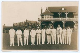 South Africans v C.I. Thorntons XI 1924. Sepia real photograph postcard of the Thornton&rsquo;s team, lined up in front of the pavilion at Scarborough. Walkers of Scarborough. Good condition