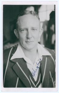 Denis Warburton Begbie. Transvaal & South Africa 1933-1950. Mono real photograph plain back postcard of Begbie, head and shoulders wearing tour blazer. Nicely signed in blue ink to the photograph by Begbie. Official stamp to verso for A. Wilkes & Son, Wes