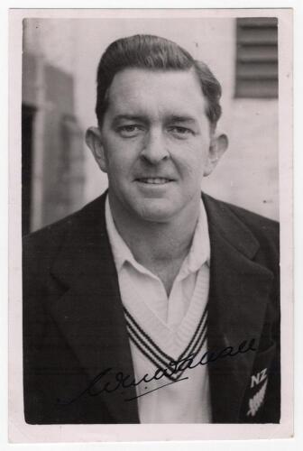 Walter Mervyn &lsquo;Merv&rsquo; Wallace. Auckland & New Zealand 1933-1957. Mono real photograph plain back postcard of Wallace, head and shoulders wearing tour blazer. Nicely signed in ink to the photograph by Wallace and dated 1949. Official stamp to verso for A. W