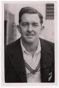 Walter Mervyn &lsquo;Merv&rsquo; Wallace. Auckland & New Zealand 1933-1957. Mono real photograph plain back postcard of Wallace, head and shoulders wearing tour blazer. Nicely signed in ink to the photograph by Wallace and dated 1949. Official stamp to verso for A. W