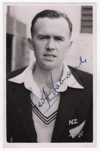 Geoffrey Osborne &lsquo;Geoff&rsquo; Rabone. Wellington, Auckland & New Zealand 1940-1960. Mono real photograph plain back postcard of Rabone, head and shoulders wearing tour blazer. Nicely signed in ink to the photograph by Rabone and dated 1949. Official stamp to v
