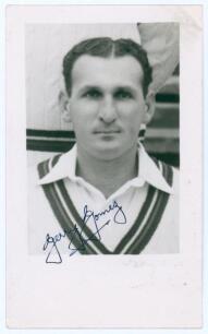 Gerald Ethridge &lsquo;Gerry&rsquo; Gomez. Trinidad & West Indies 1937-1956. Mono real photograph plain back postcard of Gomez, head and shoulders wearing cricket attire. Very nicely signed in ink to the photograph by Gomez. Official stamp to verso for A. Wilkes & So