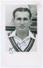 Gerald Ethridge &lsquo;Gerry&rsquo; Gomez. Trinidad & West Indies 1937-1956. Mono real photograph plain back postcard of Gomez, head and shoulders wearing cricket attire. Very nicely signed in ink to the photograph by Gomez. Official stamp to verso for A. Wilkes & So