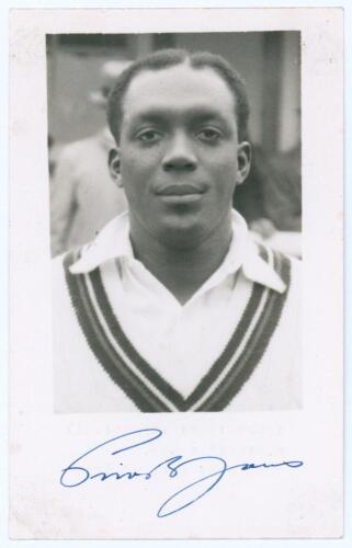 Prior Erskine Waverley Jones. Trinidad & West Indies 1940-1952. Mono real photograph plain back postcard of Jones, head and shoulders wearing cricket attire. Very nicely signed in blue ink to the lower border by Jones, and additionally to the verso. Offic