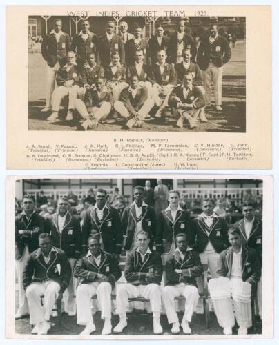 West Indies tours to England 1923 & 1939. Sepia real photograph postcard of the 1923 West Indies touring party with printed title and players&rsquo; names to margins. Players seated and standing in rows wearing cricket attire and include Austin (Captain), Nunes