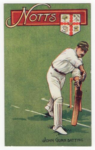 &lsquo;John Gunn Batting&rsquo;. Early colour postcard with an illustration of Gunn depicted in batting pose on a green background, with decorative &lsquo;Notts&rsquo; title and emblem to side. Dainty series. Postally unused. Good condition. Rare.