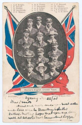The Ashes. &lsquo;Warner&rsquo;s English Cricket Team&rsquo; to Australia 1903/04. Early colour and mono postcard showing cameo images of the team to centre surrounded by colour England and Australian flags. Printed players&rsquo; names to top border. M&rsquo;Neill & Bruce Print. Corr