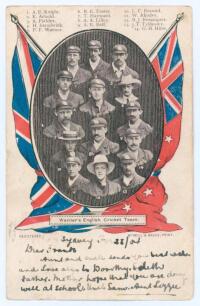 The Ashes. &lsquo;Warner&rsquo;s English Cricket Team&rsquo; to Australia 1903/04. Early colour and mono postcard showing cameo images of the team to centre surrounded by colour England and Australian flags. Printed players&rsquo; names to top border. M&rsquo;Neill & Bruce Print. Corr