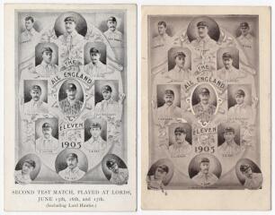 &lsquo;The All England Eleven 1905&rsquo;. Two similar early original mono postcards, both with cameos of England players set on an ornate background. Players featured on one are F.S. Jackson to the centre, surrounded by Arnold, McLaren, Lord Hawke, Rhodes, Tyldesley