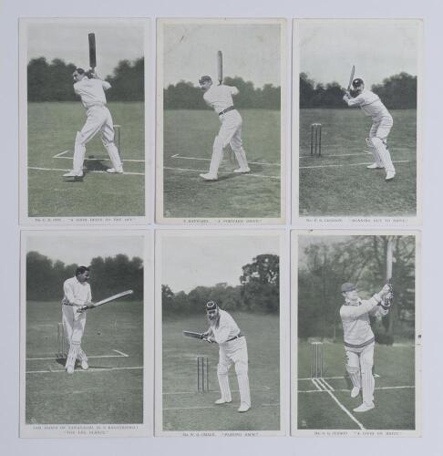 &lsquo;Famous Batsmen. In the Open&rsquo; series no. 6450, first published by Raphael Tuck & Son in 1907. Set of six colour postcards of batsman being Jessop, Ranjitsinhji, W.G. Grace, Hayward, Fry and Jackson. Each card with title to lower border. Good condition