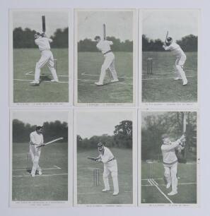 &lsquo;Famous Batsmen. In the Open&rsquo; series no. 6450, first published by Raphael Tuck & Son in 1907. Set of six colour postcards of batsman being Jessop, Ranjitsinhji, W.G. Grace, Hayward, Fry and Jackson. Each card with title to lower border. Good condition