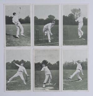 &lsquo;Famous Bowlers. In the Open&rsquo; series no. 6451, first published by Raphael Tuck & Son in 1907. Set of six colour postcards of bowlers being Rhodes, Trott, Blythe, Fielder, Hirst and Wass. Each card with title to lower border. One postally used. The card of