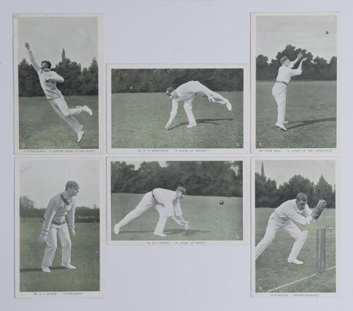 &lsquo;Famous Fielders. In the Open&rsquo; series no. 6452, first published by Raphael Tuck & Son in 1907. Set of six colour postcards of fielders being Tunnicliffe, Clem Hill, W.W. Armstrong, M. Noble, Jessop and Lilley. Each card with title to lower border. One pos