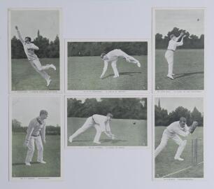 &lsquo;Famous Fielders. In the Open&rsquo; series no. 6452, first published by Raphael Tuck & Son in 1907. Set of six colour postcards of fielders being Tunnicliffe, Clem Hill, W.W. Armstrong, M. Noble, Jessop and Lilley. Each card with title to lower border. One pos