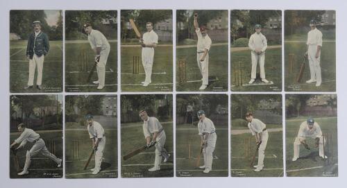 &lsquo;England Test cricketers c.1909. Twelve original colour postcards of England players depicted full length in cricket attire. Includes six &lsquo;National Series&rsquo; No. 773 of A. Lilley, G.[sic] Hobbs, G. Hirst, J. Tyldesley, A.O. Jones and G.L. Jessop, and six Se